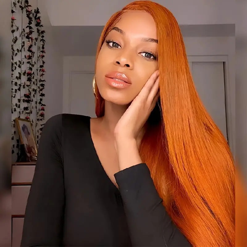 European and American fashion orange long straight hair Amazon Africa hot selling front lace lace lace straight hair wig full head cover