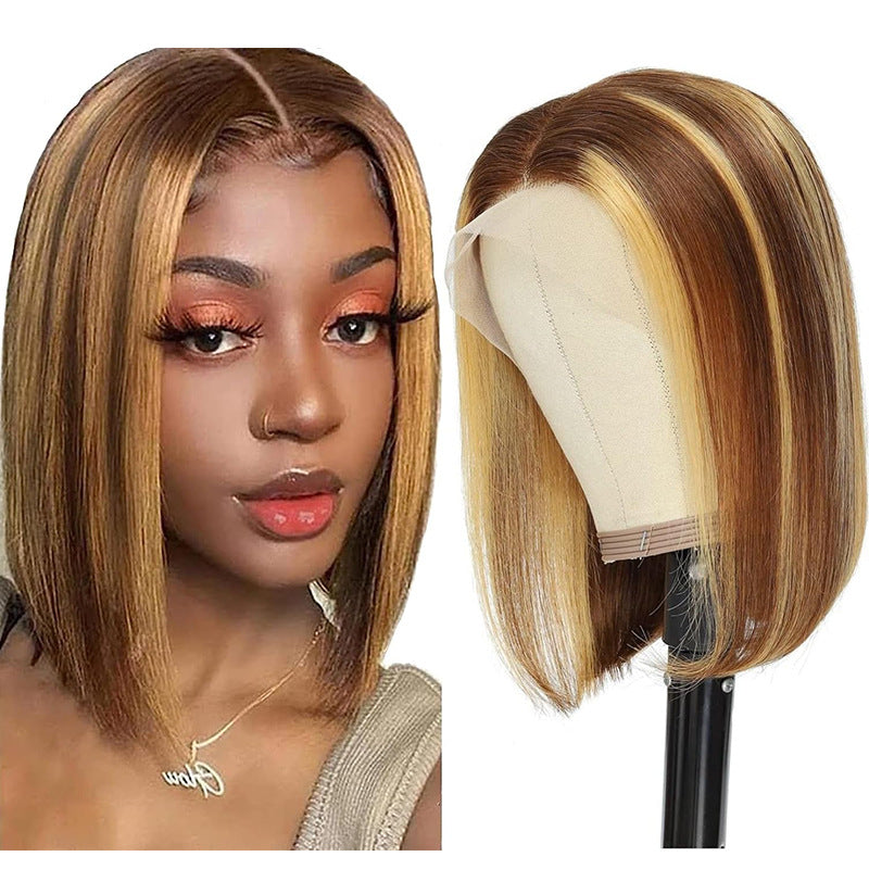 Cross border wig for European and American women, front lace synthetic full head cover, piano color, medium split short straight hair manufacturer wholesale