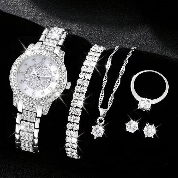 Manufacturer Direct Full Diamond Luxury Bracelet Watch Set Women's Time Quartz Watch Exquisite Five Piece Set Calendar Chain