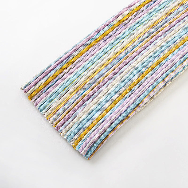 Elegant knit dress with V-neckline, long sleeves, mid-length, gold thread, and high-quality horizontal stripes