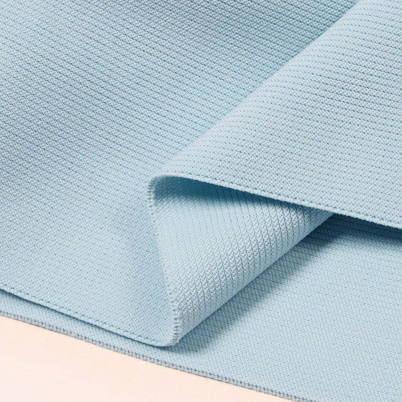 Elegant light blue knit dress with collar, short sleeves, A-line cut, fitted waist, and buttons, high quality