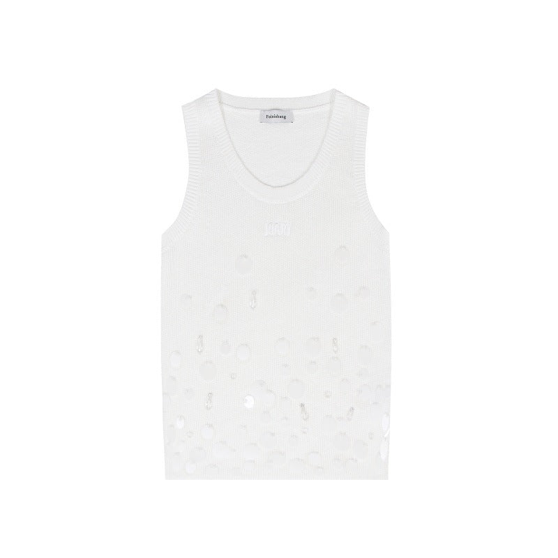 White JORYA vest with round neckline and bead embroidery, made of high-quality Tencel knit fabric