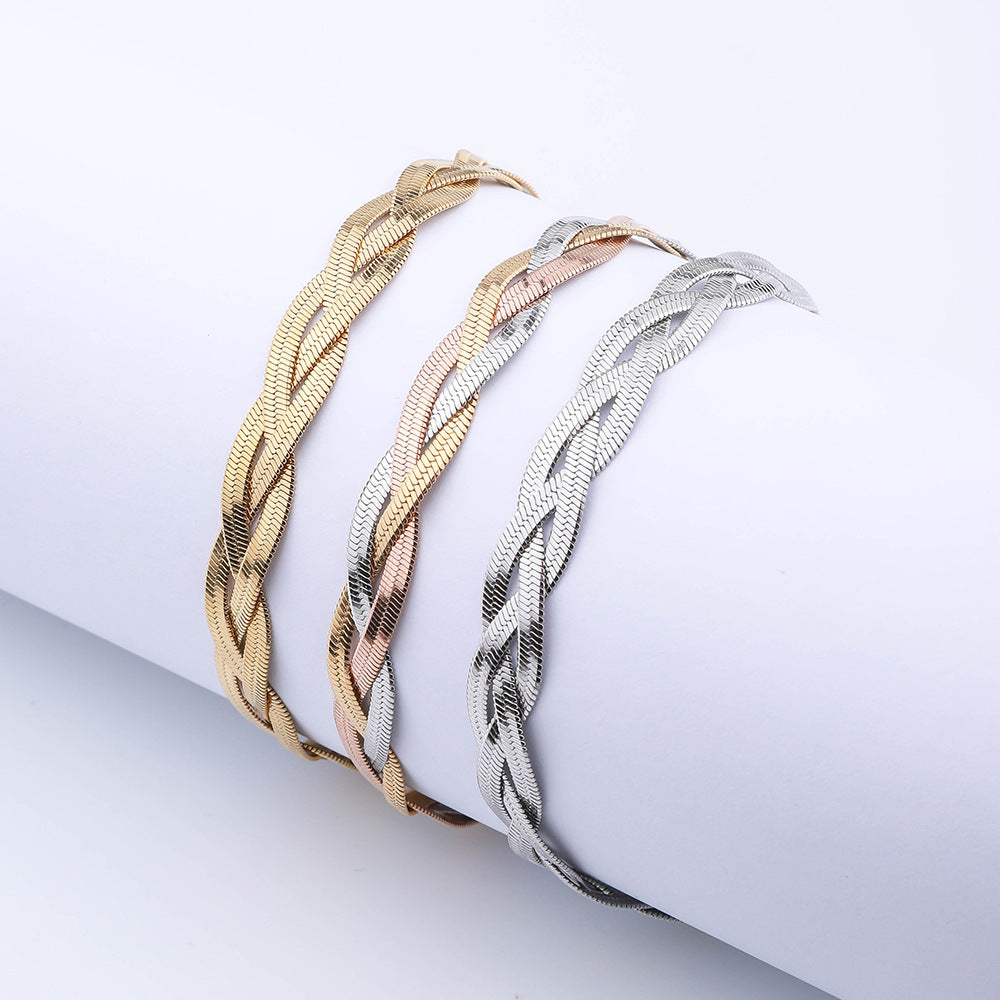 Three layer braided stainless steel blade snake bone bracelet women's fashion simple color matching Fried Dough Twists antique titanium steel bracelet