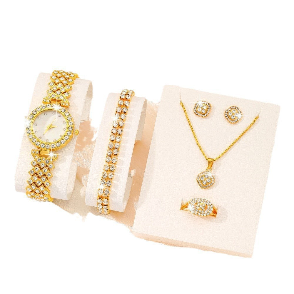 Manufacturer Direct Full Diamond Luxury Bracelet Watch Set Women's Time Quartz Watch Exquisite Five Piece Set Calendar Chain