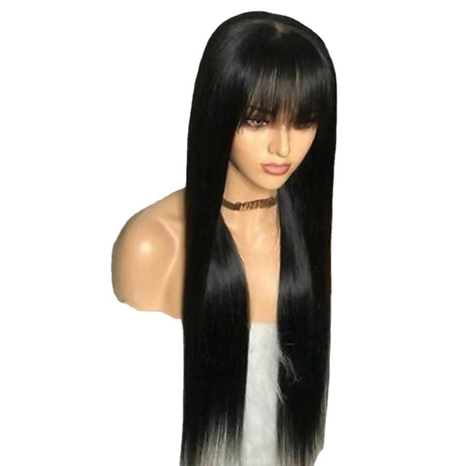 European and American new long straight hair, high-temperature silk, synthetic fiber mechanism headband, fashionable bangs, black long straight hair wholesale