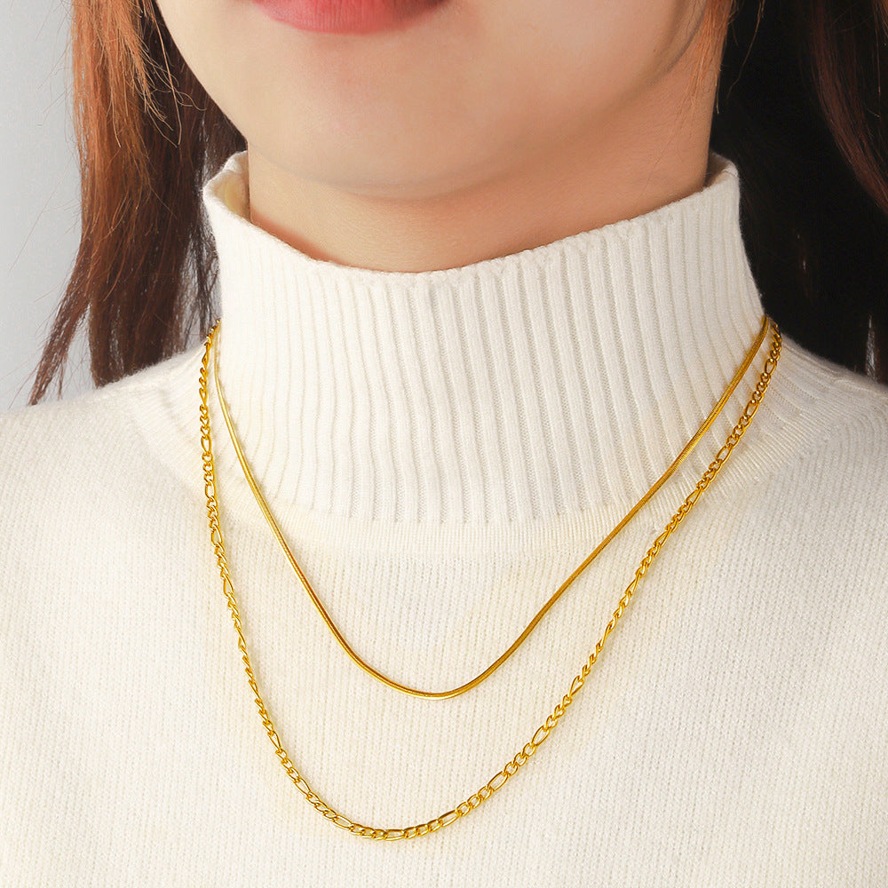 Cross border stainless steel double layered necklace plated with 18K real gold, push close chain, Ferraro chain, titanium steel necklace, collarbone chain