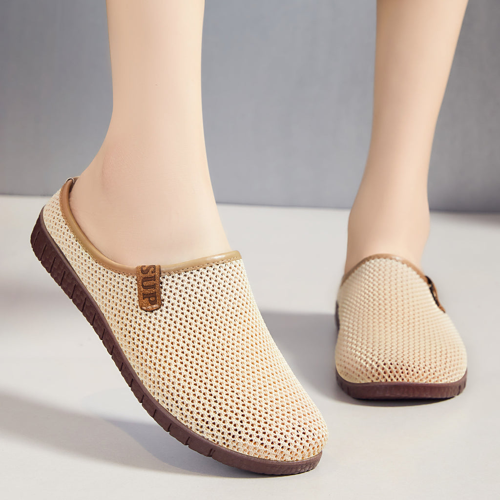 Women's slippers for summer, breathable casual shoes for outdoor wear, shallow toe cap, fly woven hollow out women's shoes, one foot, half drag