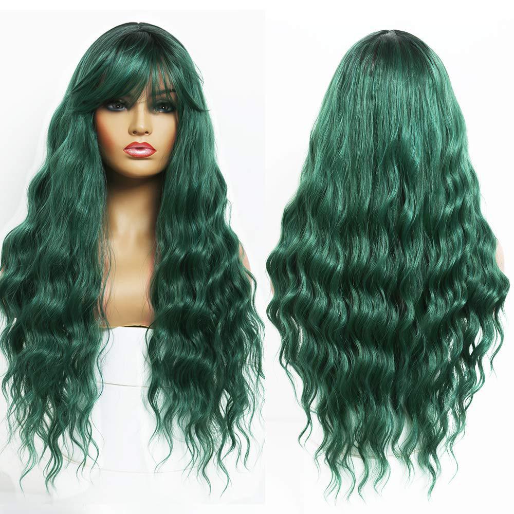 Foreign trade new wig European and American women's fashionable synthetic head cover green medium split long curly hair water ripple manufacturer