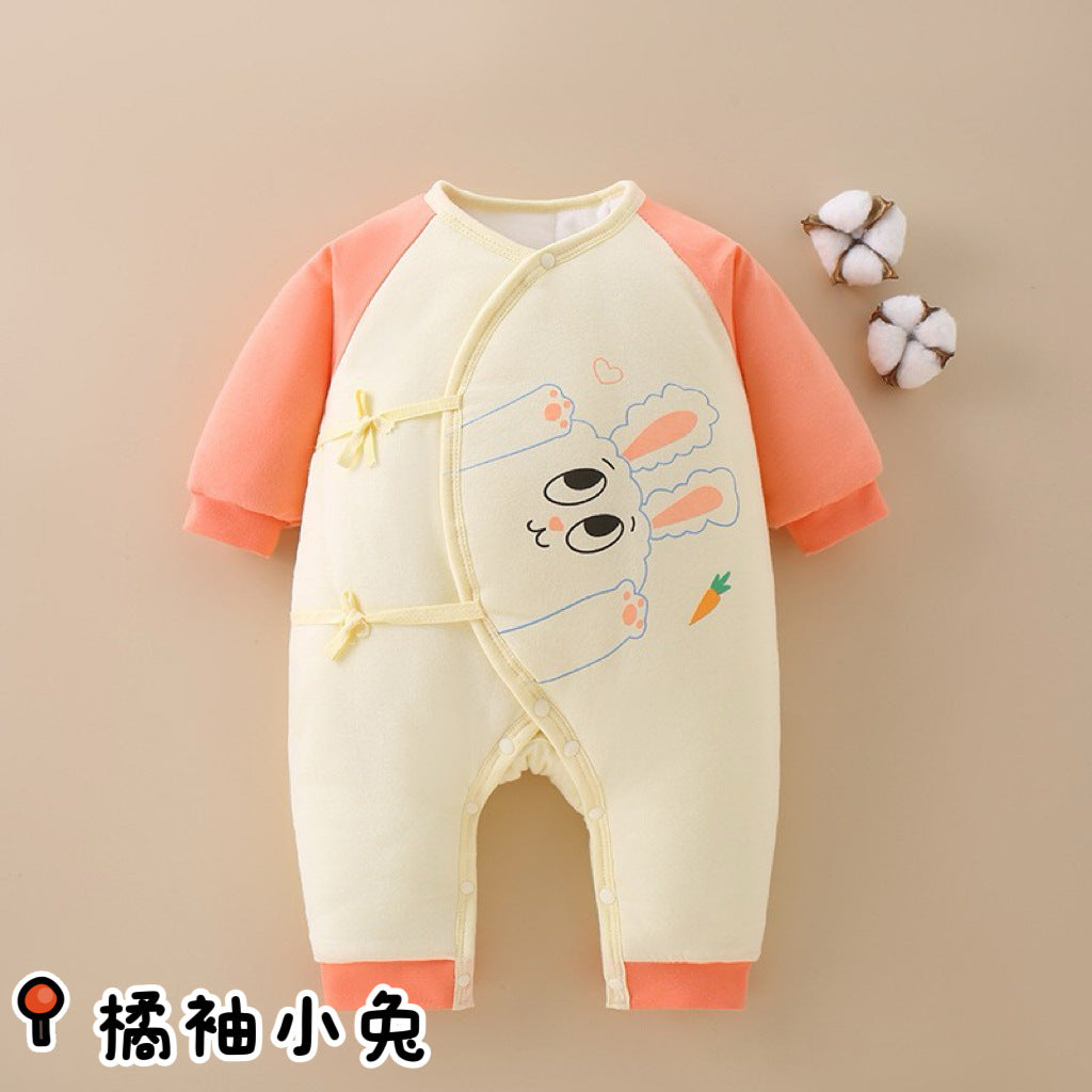 Winter baby lace up jumpsuit warm newborn clothes 0-3 baby pure cotton thick clip cotton clothes butterfly clothes