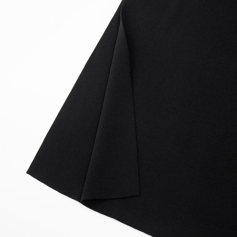 Elegant and sophisticated black knit dress, V-neck, sleeveless, fitted, with lacing and slit, medium length, high quality