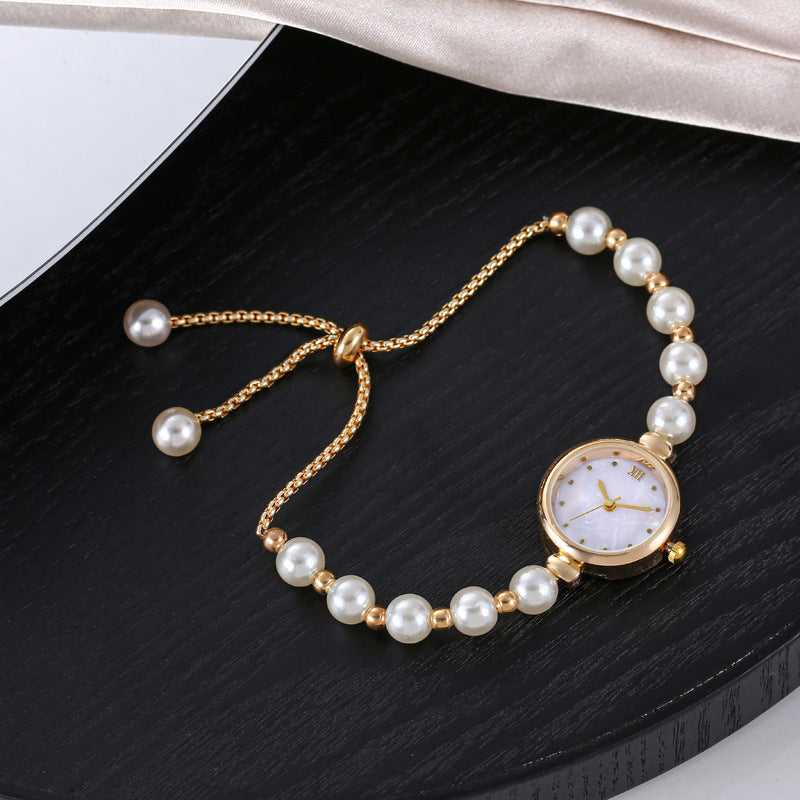 Cross border new pearl bracelet women's quartz watch niche light luxury small dial pull-out adjustable watch hot item