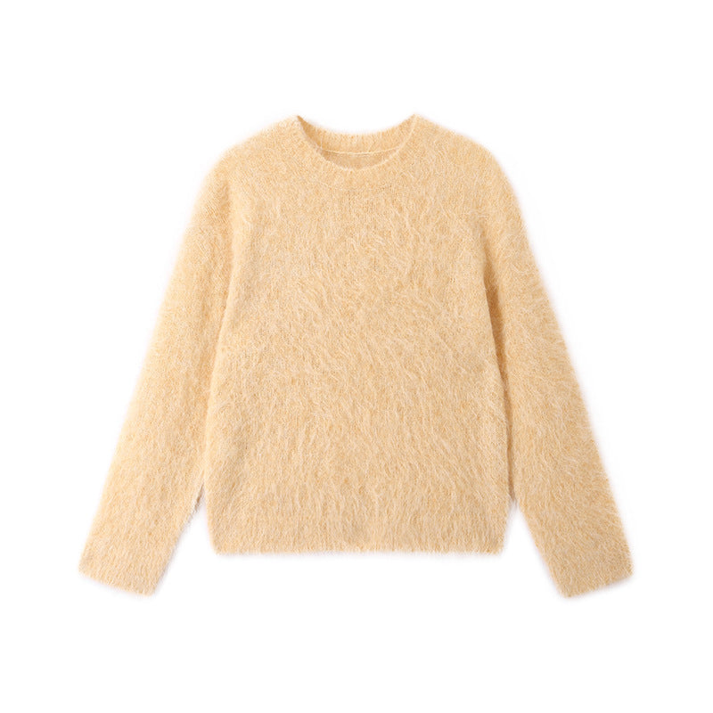 Elegant sweater with round neck, long sleeves, alpaca wool, and extremely high-quality long hair