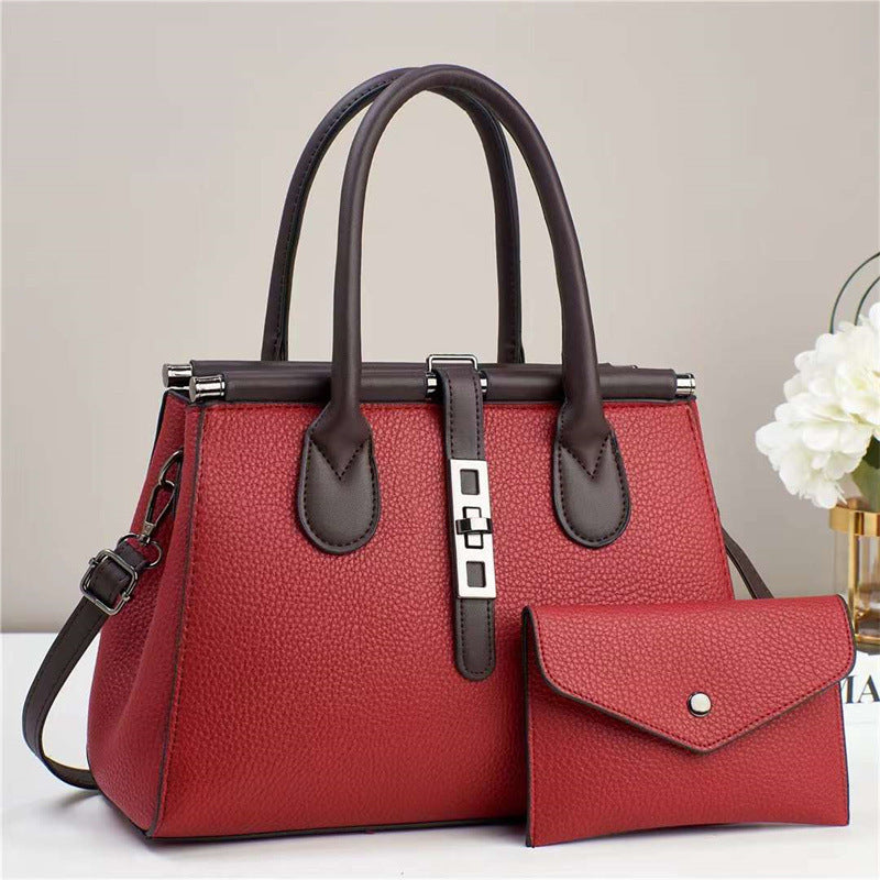 Trendy Bag 2025 New Color Contrasting Handbag Women's Lock Lock Design Texture Large Capacity Shoulder Bag Two Piece Set