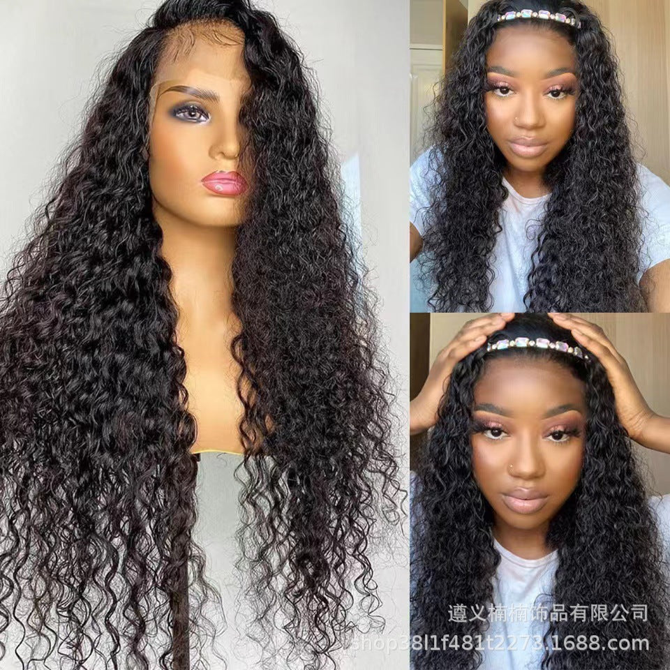 European and American women's wig front lace black long small curly hair African cross-border fashion mid split high temperature silk corn perm