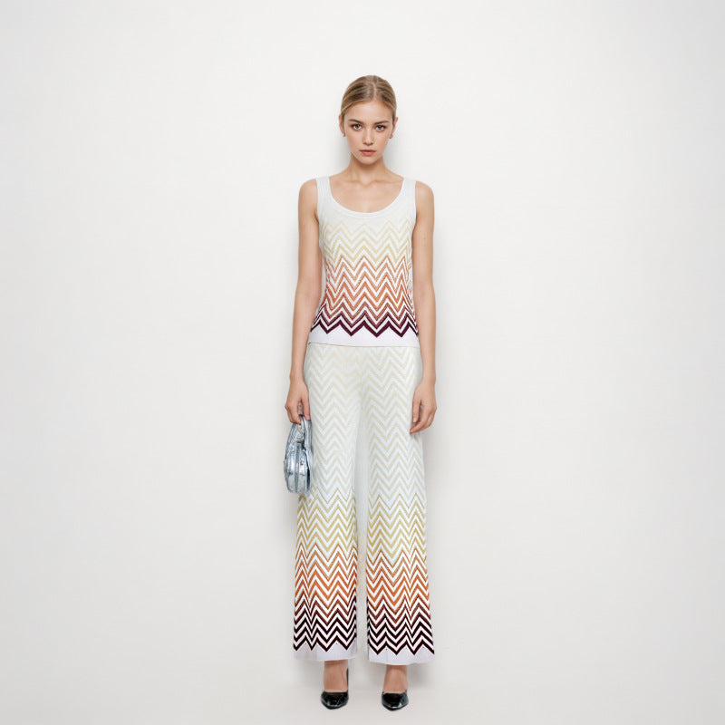 Italian knitwear set with wavy stripes, sleeveless, with high-waisted pants, high quality