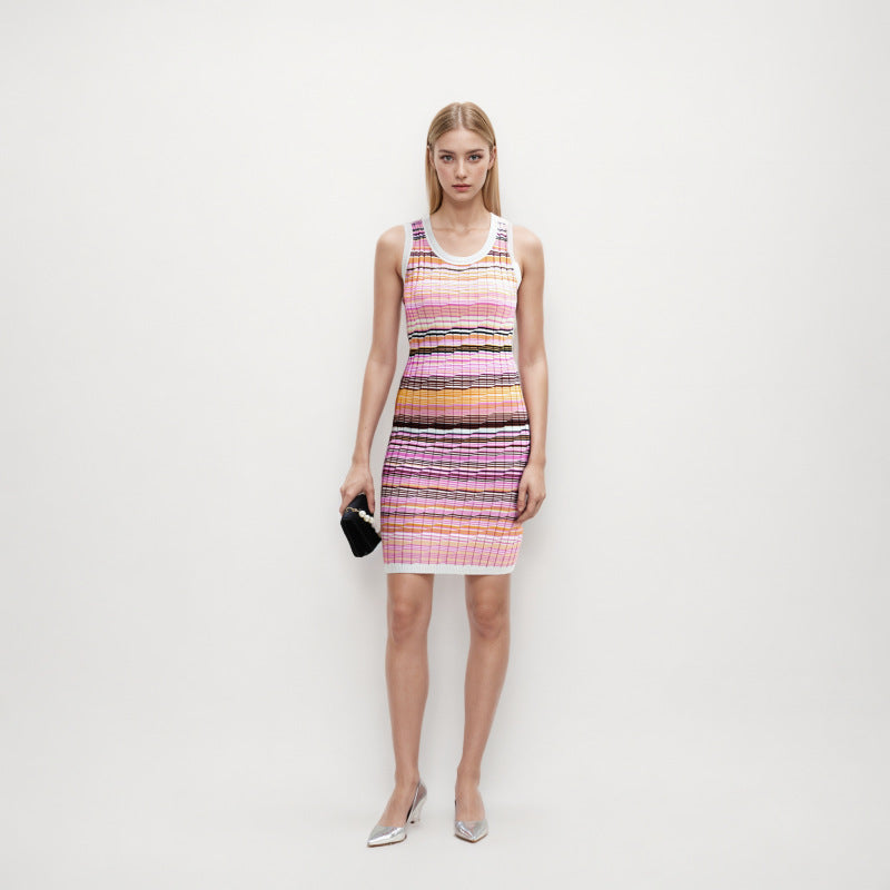Sophisticated Italian fashion dress in striped cotton and tencel knit, sleeveless, round neckline, and mid-length