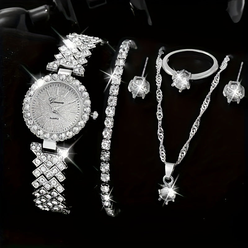 5pcs/set watch set, niche fashion, versatile, steel strap watch, earring necklace, bracelet, ring set