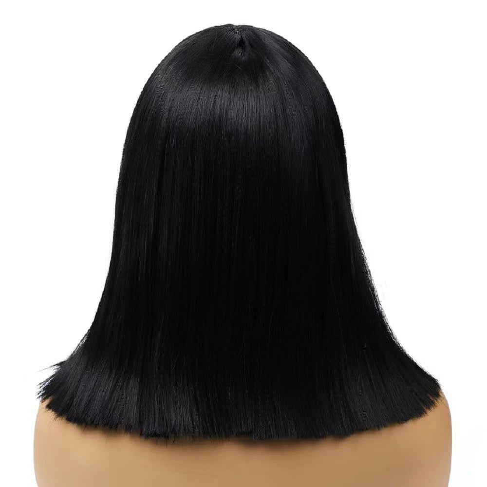 European and American wig with bangs, black short straight hair, synthetic high-temperature silk, rose mesh head cover manufacturer, spot wholesale