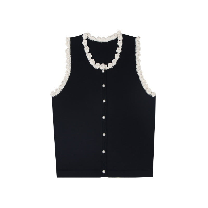 Sophisticated and elegant set featuring a black lace-knit vest with a high-quality, high-waisted, short A-line skirt