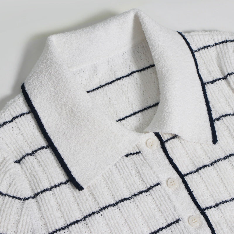 French elegance knit dress with short sleeves, white collar, and medium-length stripes of high quality