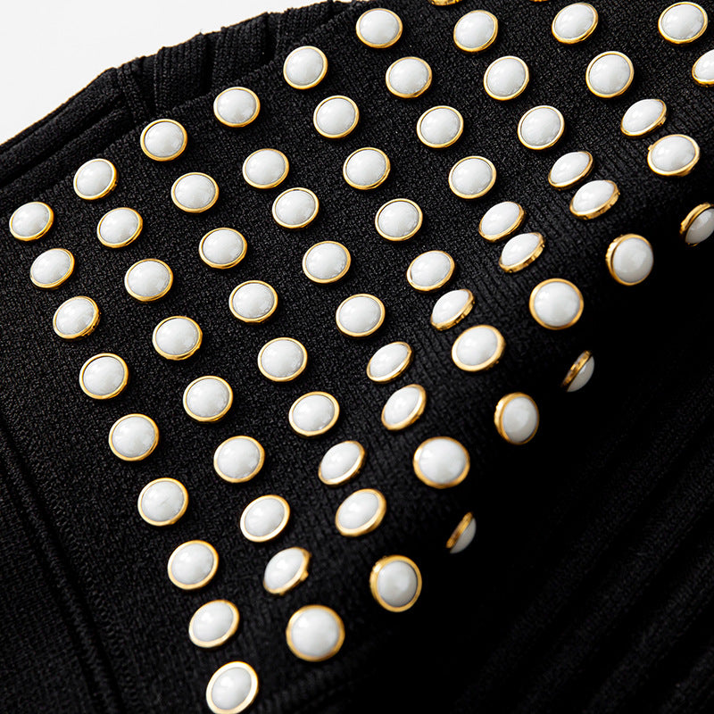 Long black dress with French elegance, knit fabric, collar, short sleeves, and high-quality rhinestone embellishments