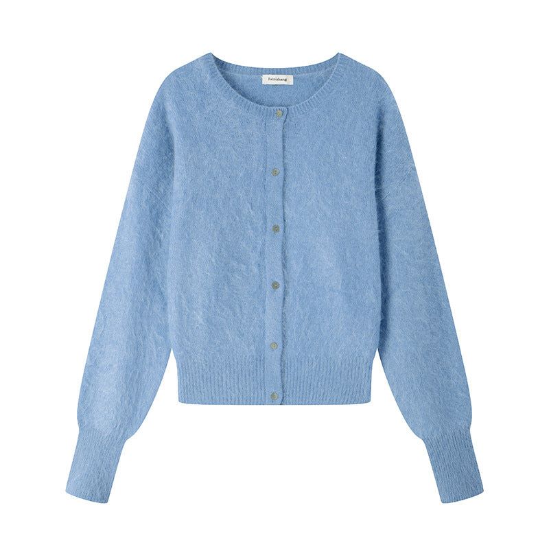 Elegant cardigan with round neckline, long sleeves, simple buttons, wool and cashmere knit