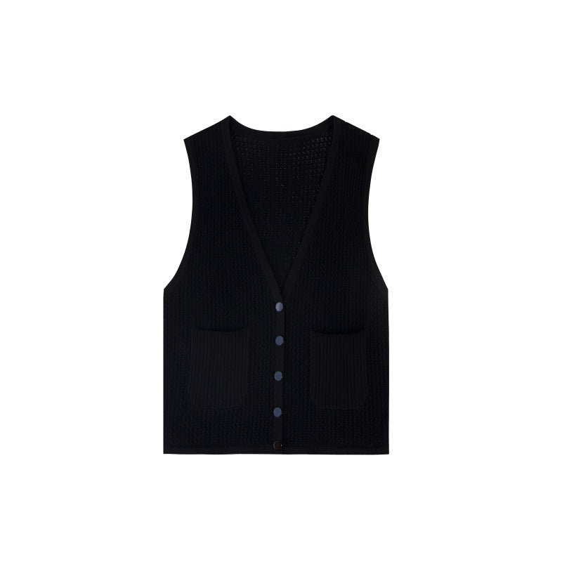 Elegant black set featuring a V-neck knit top and high-quality long high-waisted skirt