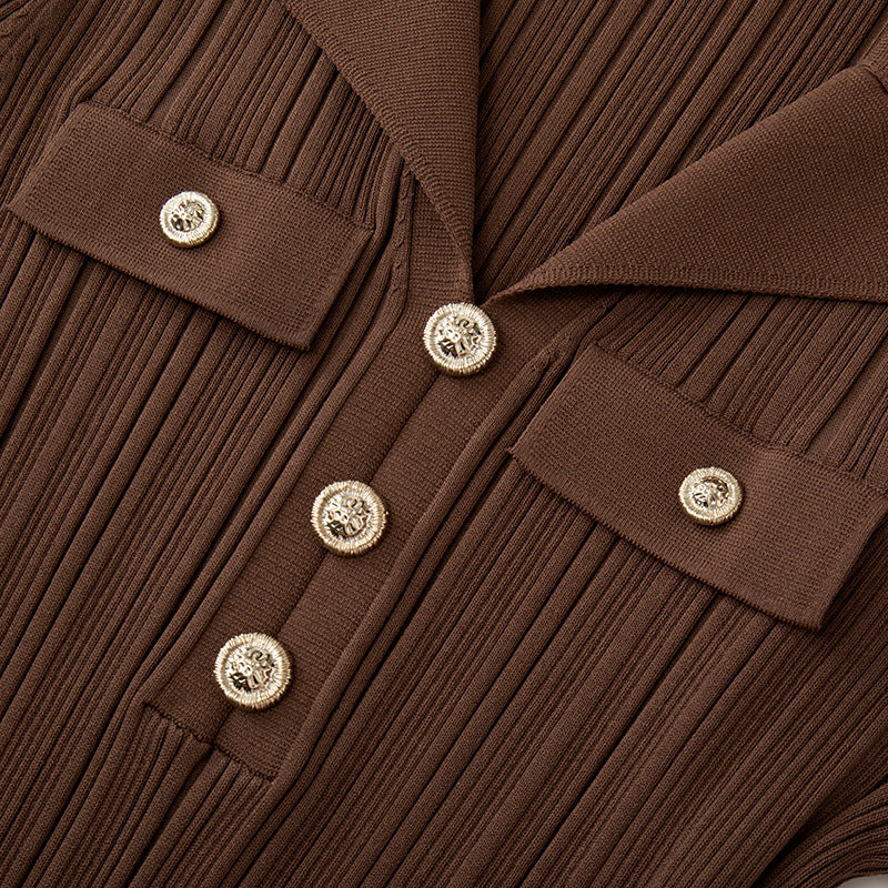 Elegant dark brown Chanel-style dress with a V-neckline and short sleeves for everyday wear