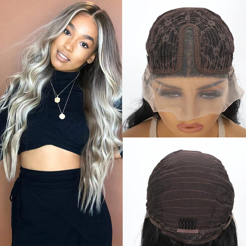 European and American wigs, synthetic hair tips, gradient dyeing, black and gold, medium split, large waves, long curly hair, factory direct sales