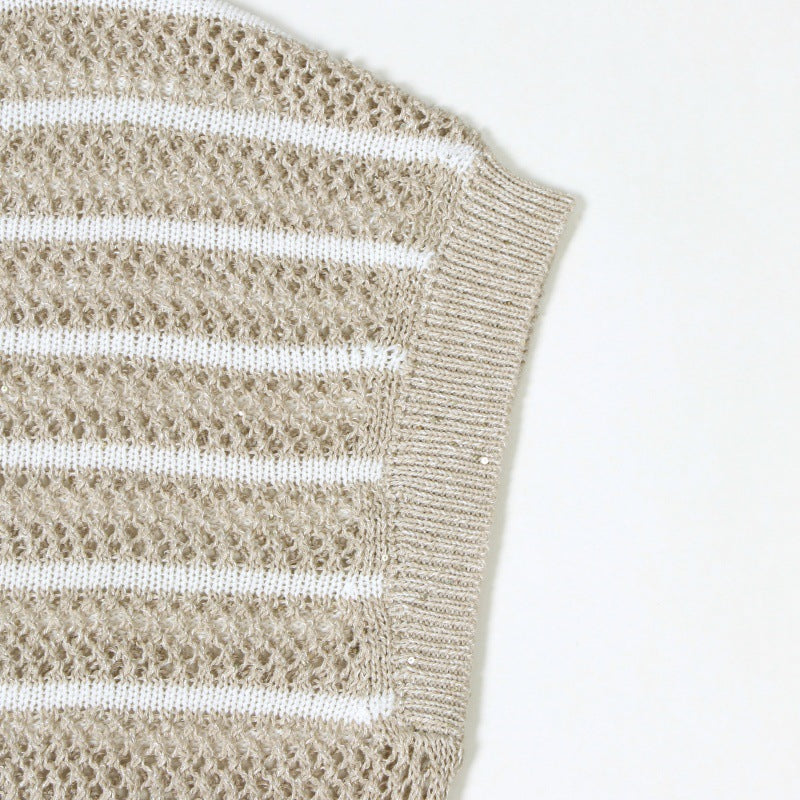 Striped knit blouse with V-neckline, sleeveless and beaded, in a blend of high-quality linen and cotton