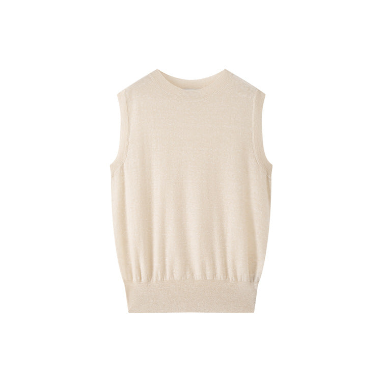 Elegant sleeveless pullover with round neckline, made from high-quality wool and linen knit fabric