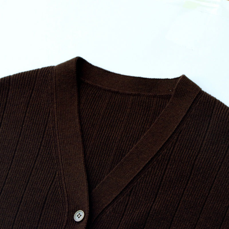 High-quality cashmere wool cardigan with V-neck, long sleeves, and simple buttons