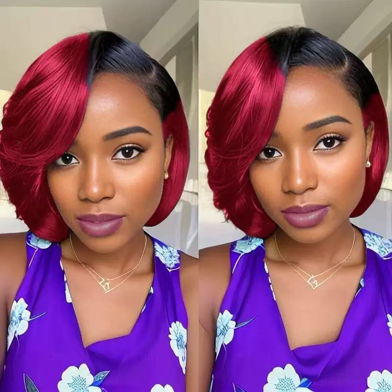 Cross border split bangs, short hair, slightly curled styling, fashionable lace and synthetic full head wig from Europe and America