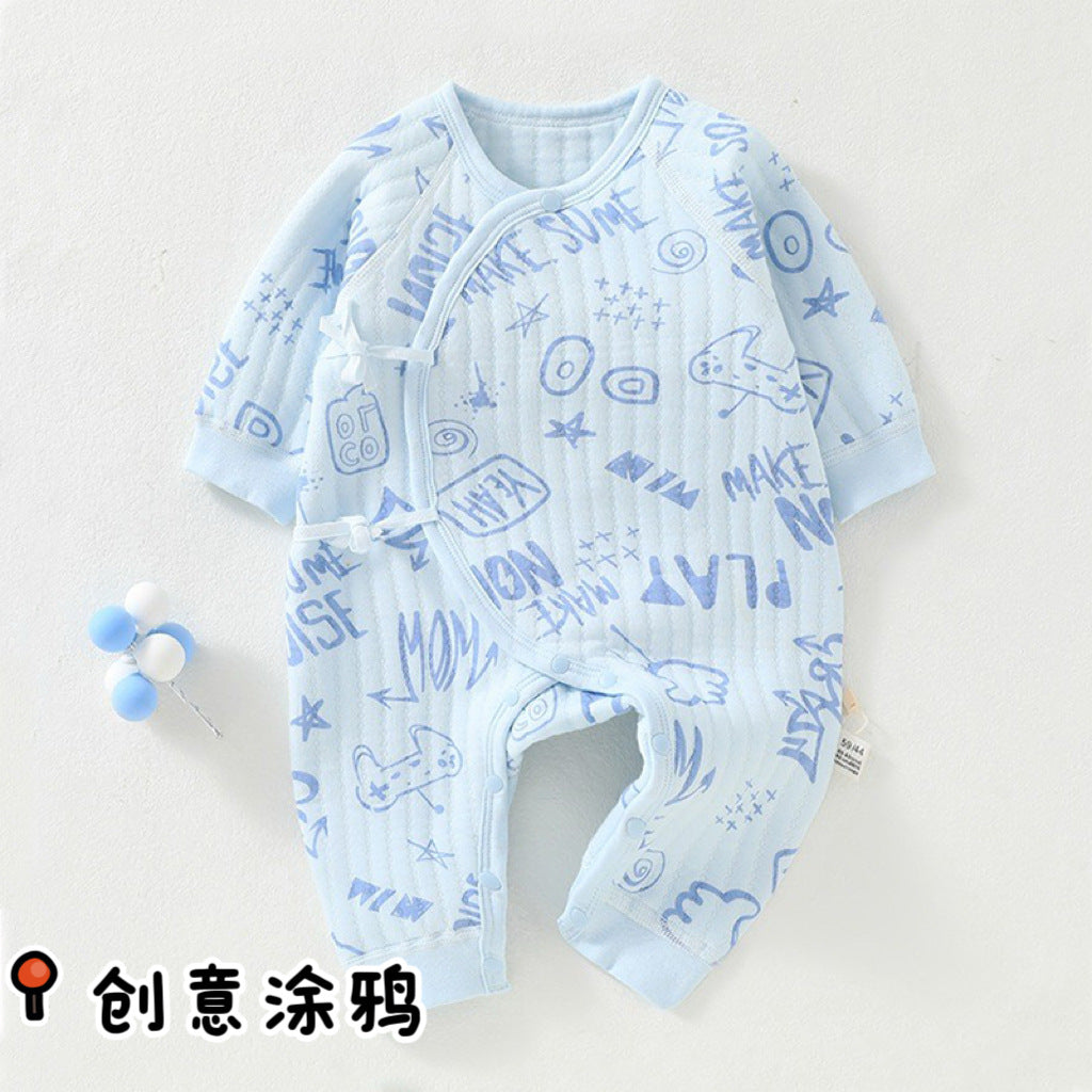 Newborn three-layer warm jumpsuit for autumn and winter, thickened initial baby clothes, pure cotton A-class baby clothes, butterfly clothes