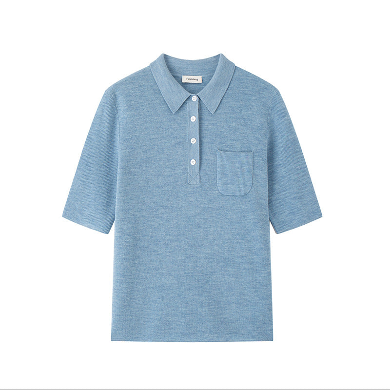 Stylish turtleneck sweater with short sleeves and buttons, 100% high-quality wool