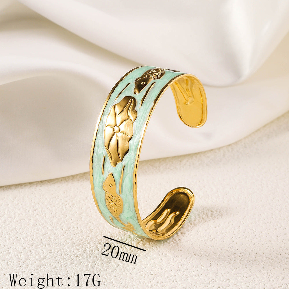 Cross border new stainless steel oil pressure painted open bracelet, exaggerated European and American women's plated 18K gold adjustable bracelet