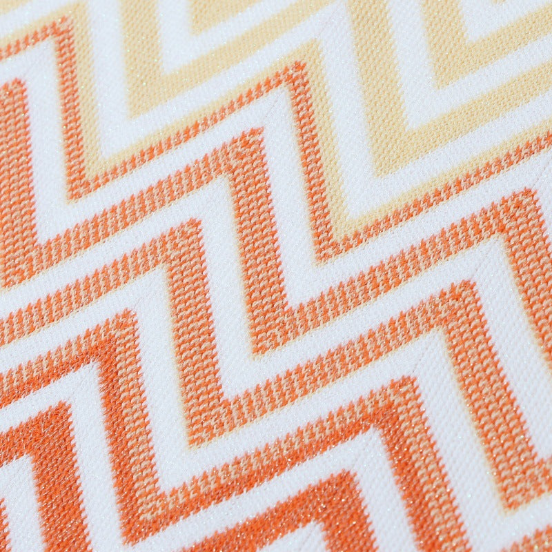 White Italian fashion dress with round neckline, short sleeves, mid-length, and wavy stripes in knit fabric