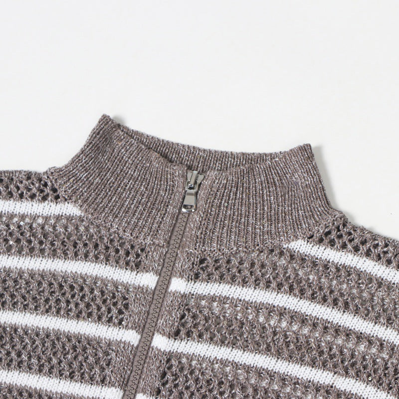 Striped knit shirt with high collar, sleeveless, made of linen and cotton with zipper