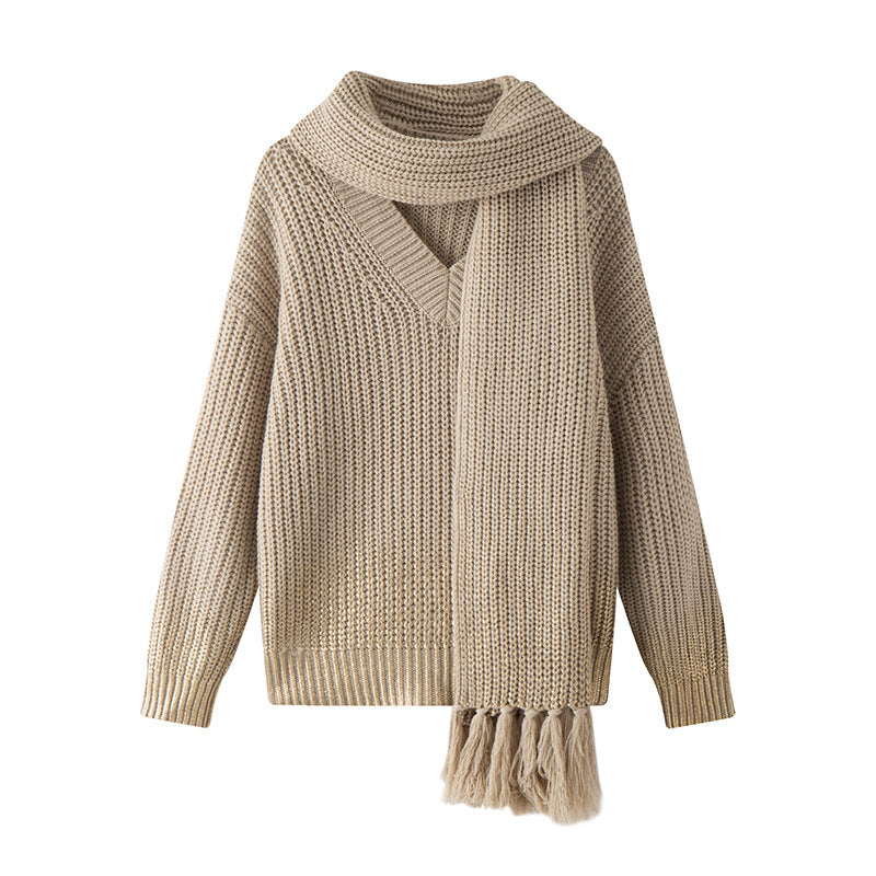 Stylish thick wool knit sweater with long scarf