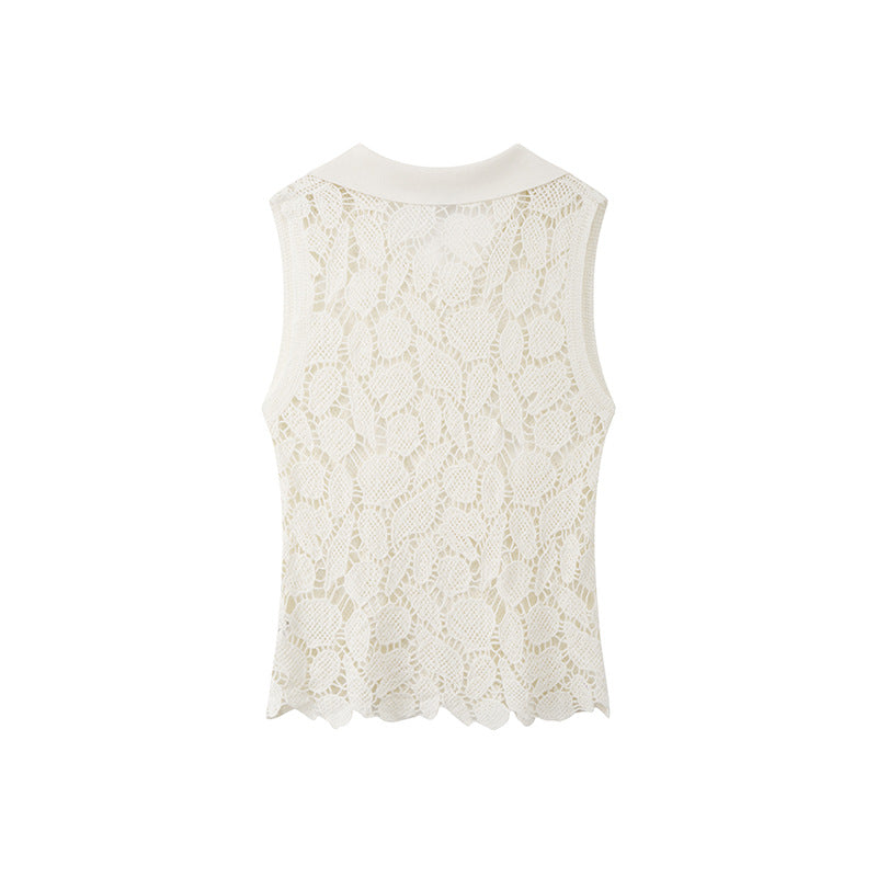 White sleeveless polo neck blouse, cotton blend, crochet-style knit with opening, high quality