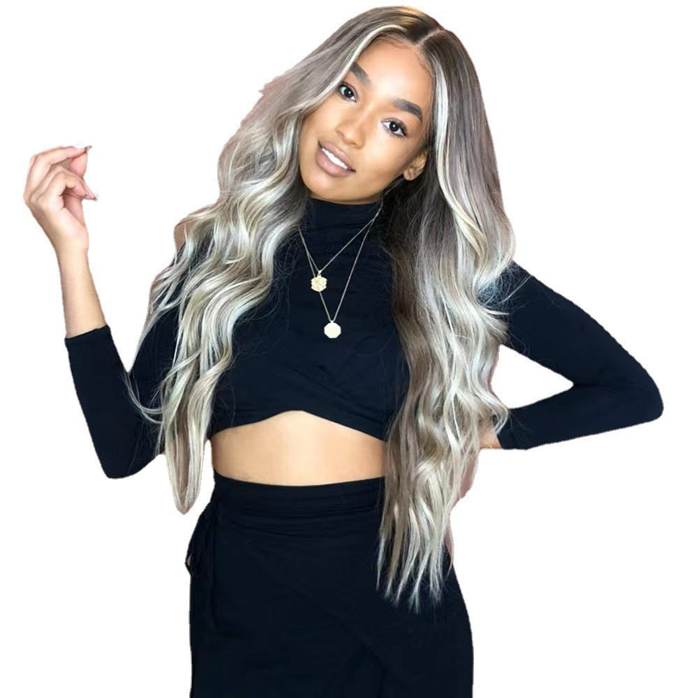 European and American wigs, synthetic hair tips, gradient dyeing, black and gold, medium split, large waves, long curly hair, factory direct sales