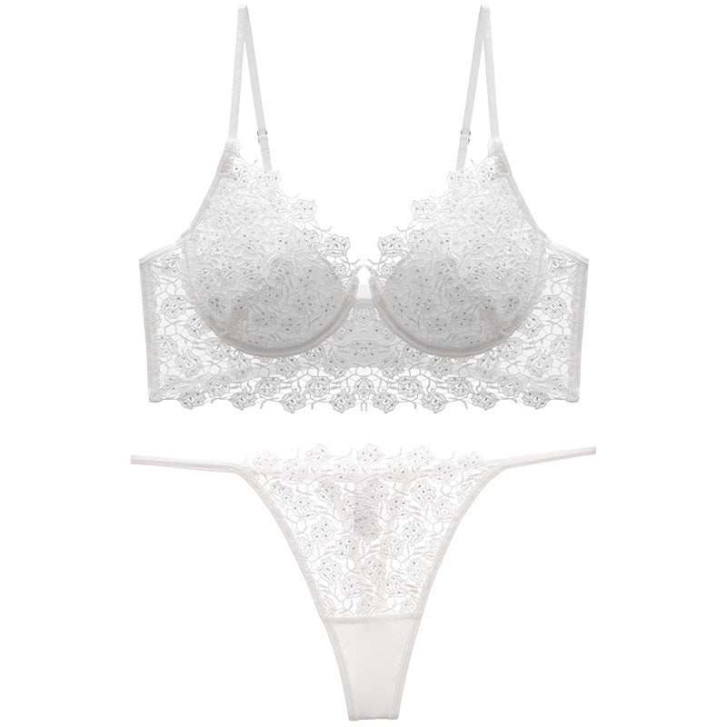 Sensual bra set with rhinestone rose embroidery