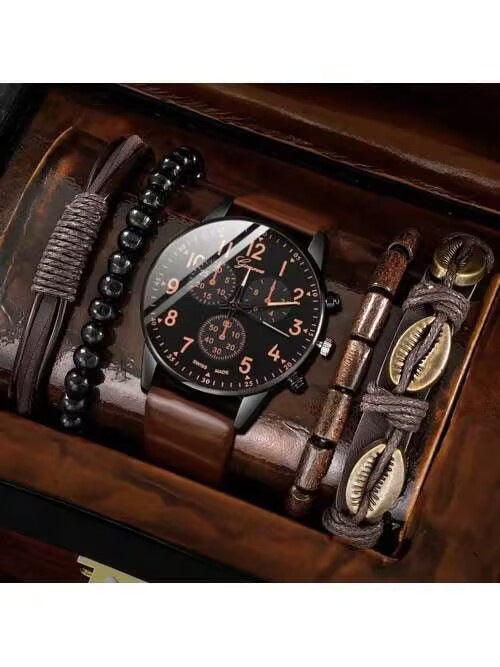 Men's quartz casual two eyed PU leather watch fashionable and versatile quartz business watch set+woven bracelet