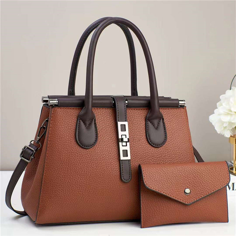 Trendy Bag 2025 New Color Contrasting Handbag Women's Lock Lock Design Texture Large Capacity Shoulder Bag Two Piece Set