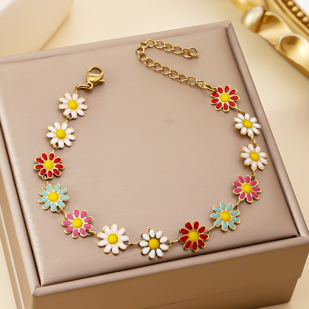 Stainless steel colorful sunflower bracelet cross-border daisy drip oil adjustable high-end feeling plated 18K gold titanium steel bracelet