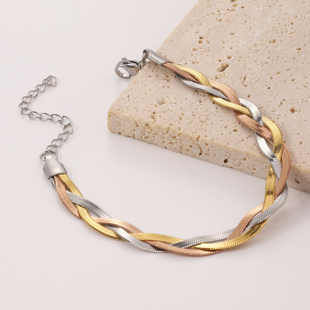 Three layer braided stainless steel blade snake bone bracelet women's fashion simple color matching Fried Dough Twists antique titanium steel bracelet