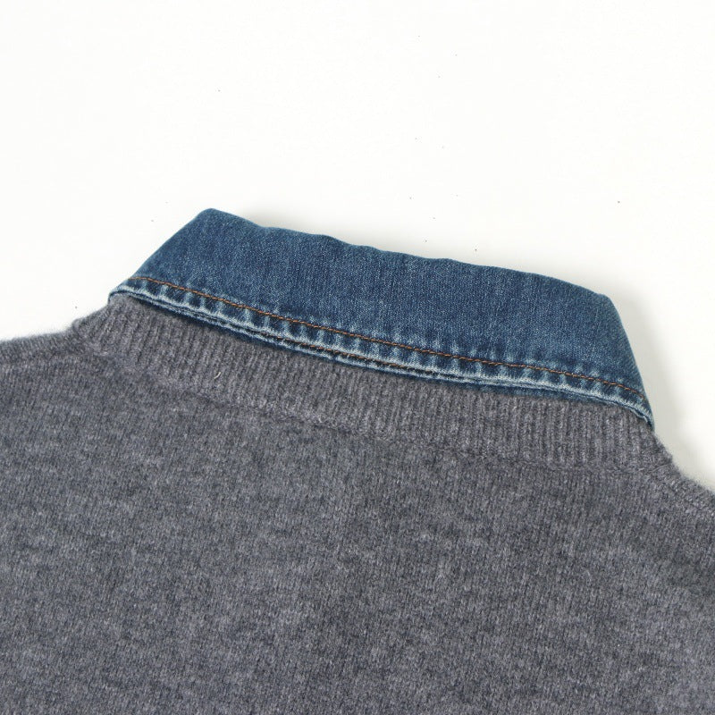 Stylish sweater with gray collar, 100% wool High-quality patchwork