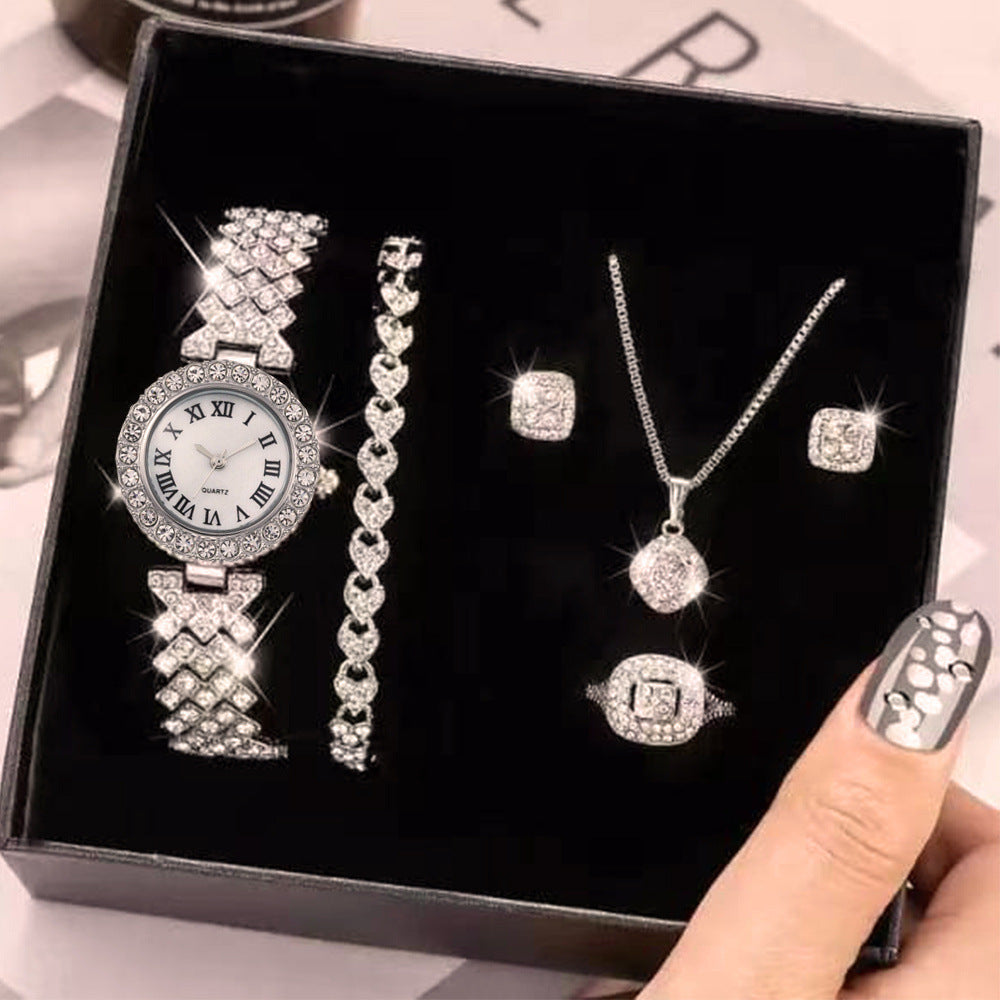 Manufacturer Direct Full Diamond Luxury Bracelet Watch Set Women's Time Quartz Watch Exquisite Five Piece Set Calendar Chain
