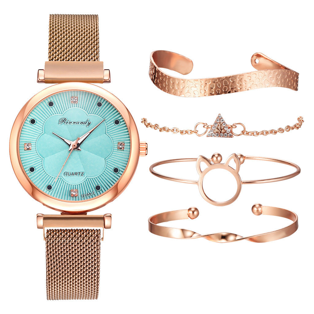 5pcs/set women's fashionable and simple mesh belt magnet quartz watch+bracelet set quartz watch
