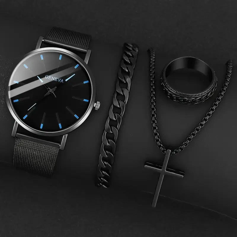 Fashionable and casual business watch+versatile cross steel strap necklace bracelet set with large dial without gift box